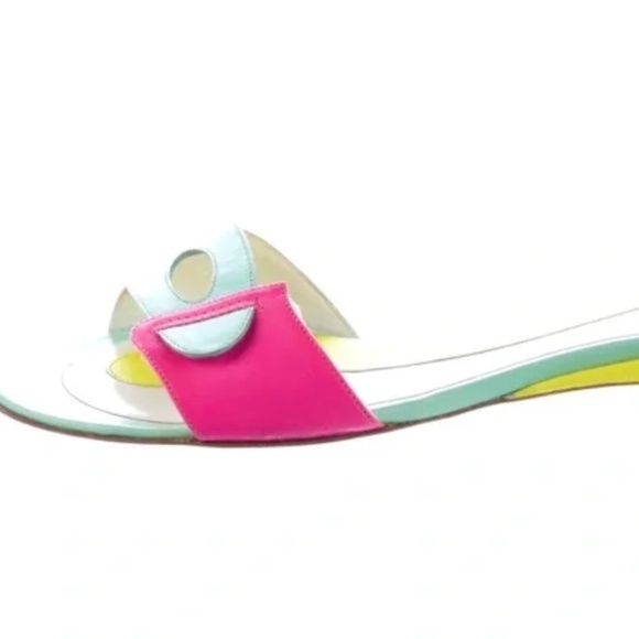 RARE RETRO Emilio Pucci Colorblock Leather Yellow Pink Green Slides Sandals 37.5 - Picture 9 of 11